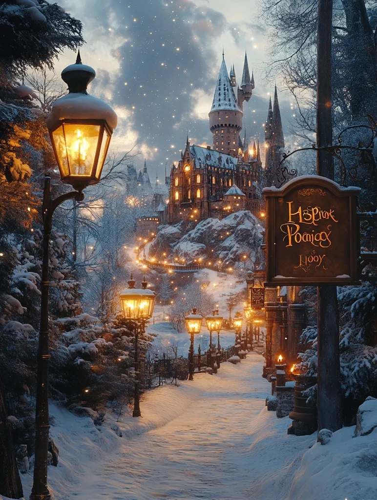 A snowy path lined with lit lampposts leads towards a grand castle in the distance. The castle is illuminated with warm lights, creating a magical atmosphere. Snowflakes gently fall, adding to the picturesque winter scene. A signpost in the foreground reads "Hogwarts" in a whimsical font. The image evokes a sense of wonder and enchantment.