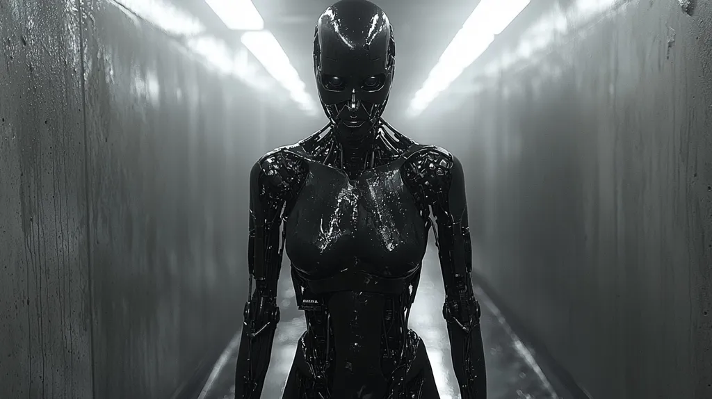 A black and white image of a female robot with a sleek, metallic body and a blank expression. She stands in a narrow, dimly lit hallway, the walls of which are made of concrete. The robot appears to be made entirely of metal, with visible joints and circuitry. Her eyes are glowing, and her skin is smooth and shiny. The overall effect is one of both beauty and eerieness.