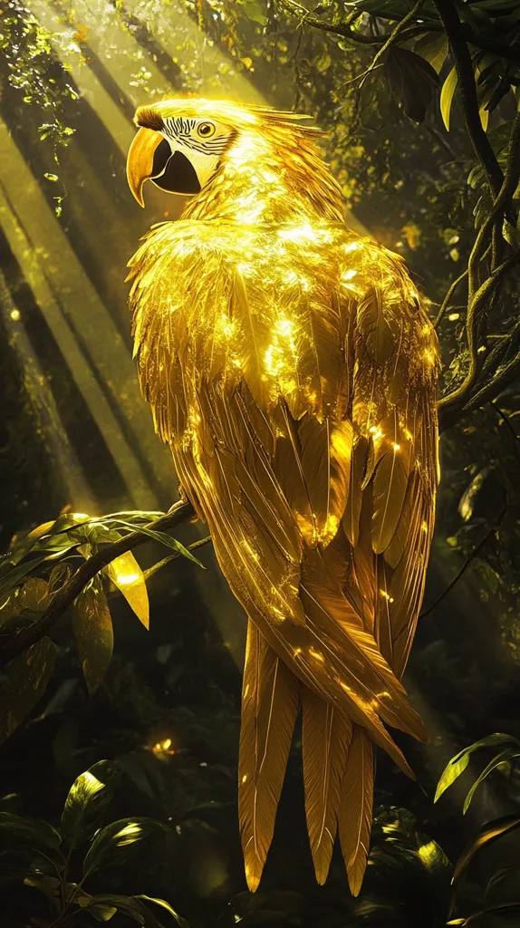 A golden parrot sits perched on a branch in a lush green jungle. Sunlight shines through the leaves, casting a warm glow on the bird's feathers. Its bright yellow plumage sparkles with intricate details, giving it a majestic and almost otherworldly appearance. The parrot's head is turned to the side, its black eyes piercing through the foliage. The scene captures the beauty and mystery of the natural world.