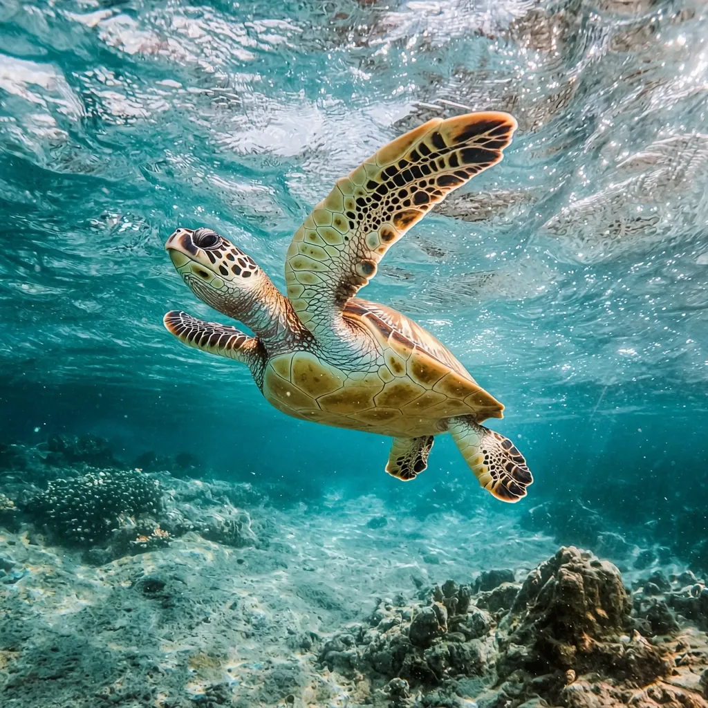 A sea turtle swims gracefully through the clear blue water, its flippers extended. Sunlight filters through the surface, illuminating the turtle's shell and the surrounding coral reef. The turtle's head is turned to the side, its eyes alert and focused. The scene captures the serenity and beauty of the underwater world.