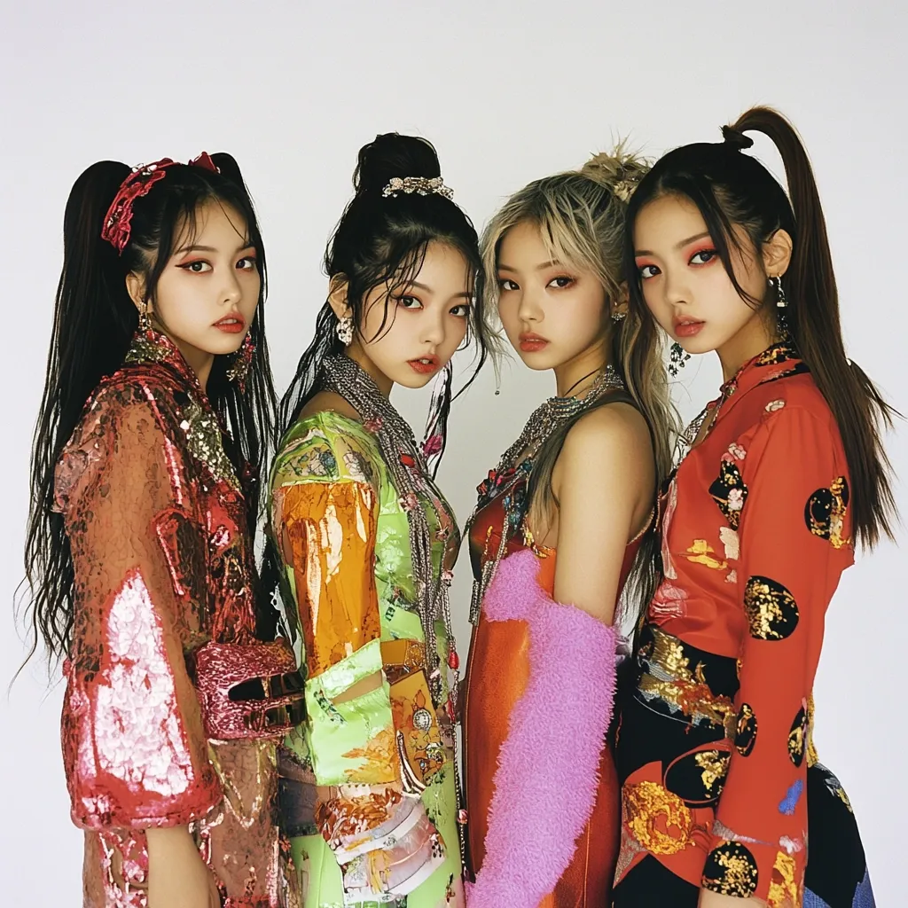 Four young women are posing for a photograph. They are wearing colorful and stylish outfits, with a mix of patterns and textures. They have their hair styled in different ways, and their makeup is bold and striking. The image has a vibrant and energetic feel, and the women exude confidence and style.  They are standing in a studio with a white background.
