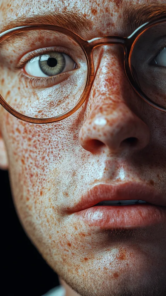 The image is a close-up portrait of a young man with freckles. He is wearing glasses with a thick, brown frame. The image is focused on his face, with the glasses partially covering his eyes. His expression is neutral, with his lips slightly parted. The background is dark and out of focus. The image is well-lit, highlighting the man's freckles and the details of his face.  The man's skin has a natural and youthful look.