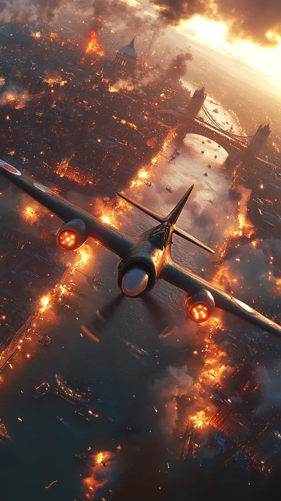 A Japanese bomber flies over a burning city. The city is engulfed in flames, with smoke billowing into the air. The bomber is armed with bombs and machine guns, and is ready to attack. The scene is a reminder of the horrors of war. The city is London, England, and the bomber is attacking during the Blitz of World War II.