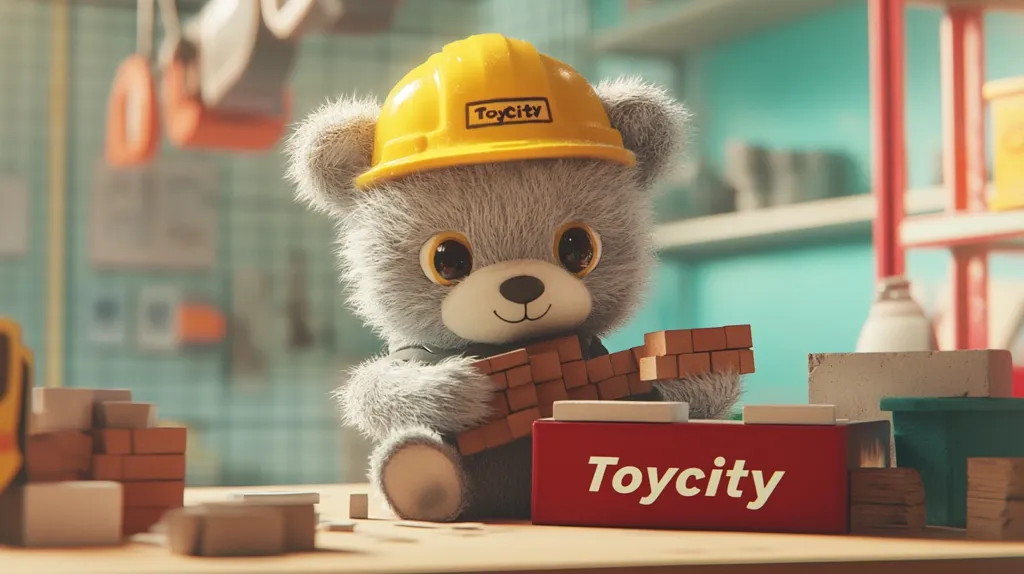 A fluffy grey teddy bear wearing a yellow construction helmet is playing with toy bricks. The bear has big, brown eyes and a friendly smile. The scene is set in a toy store, with shelves of toys in the background. The bricks are arranged in a tower, and there is a red box with the word "Toycity" on it.  The teddy bear is enjoying its time playing with the toy bricks.