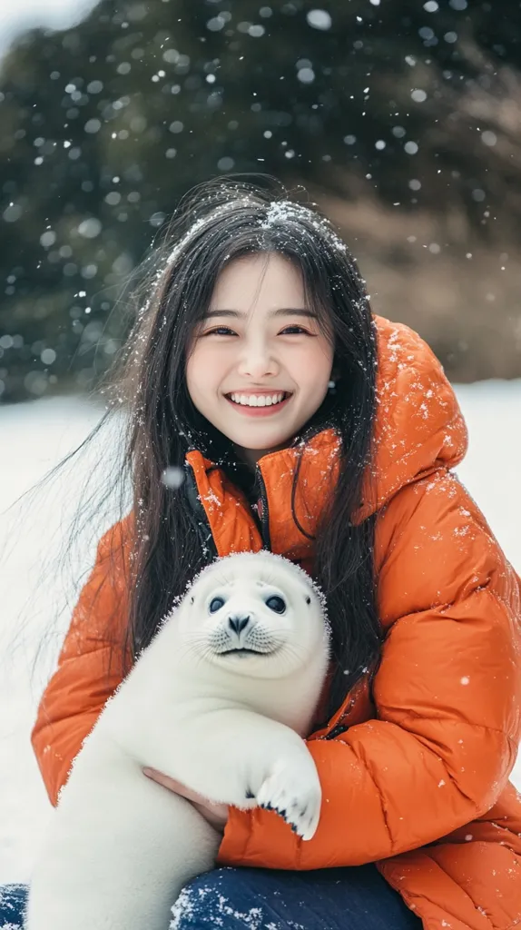 A young woman with long black hair, wearing an orange puffy jacket, holds a white baby seal in her arms. She is smiling and looks happy. The seal is looking at the camera with big black eyes. The background is blurred and shows snow falling.  The image is likely taken in a snowy environment.  The warmth of the woman and the seal contrasts the coldness of the snowy landscape.