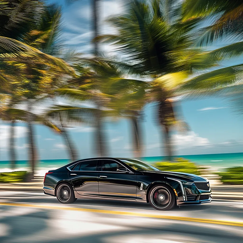A black luxury sedan speeds down a coastal road, palm trees blurring in the background. The car's sleek design and shiny finish contrast with the bright blue ocean and sky.  The motion blur emphasizes the feeling of speed and a sense of freedom.  The scene evokes a sense of luxury and adventure.