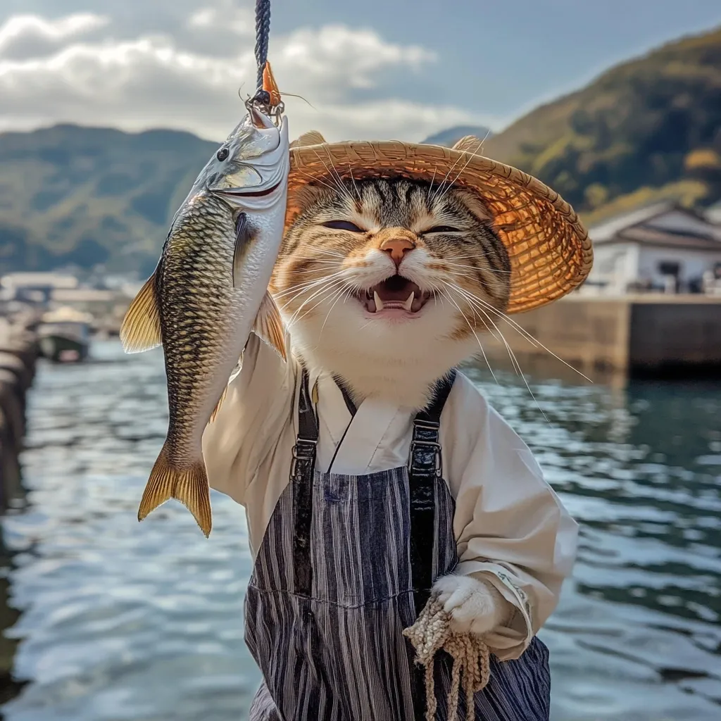 A cat, dressed in overalls and a straw hat, is holding a fish it has caught. The cat is smiling and appears to be proud of its catch. It is standing by a body of water with a green hill in the background. The scene is humorous and whimsical.