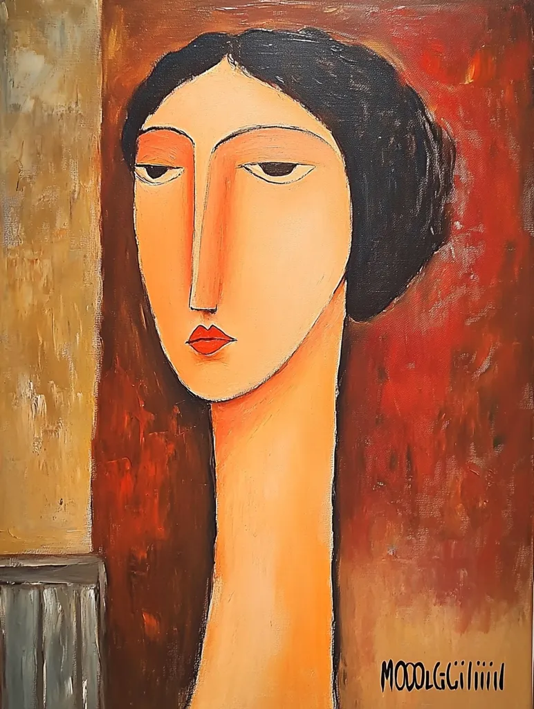 The painting is a close-up portrait of a woman with dark hair and a long neck. Her face is painted in a stylized manner with exaggerated features. The background is a warm, reddish-brown color. The artist's signature, "MOODLGilli", is visible in the lower right corner.  The painting evokes a sense of mystery and melancholy.  The woman's gaze is directed slightly off to the side, and her expression is one of quiet contemplation.
