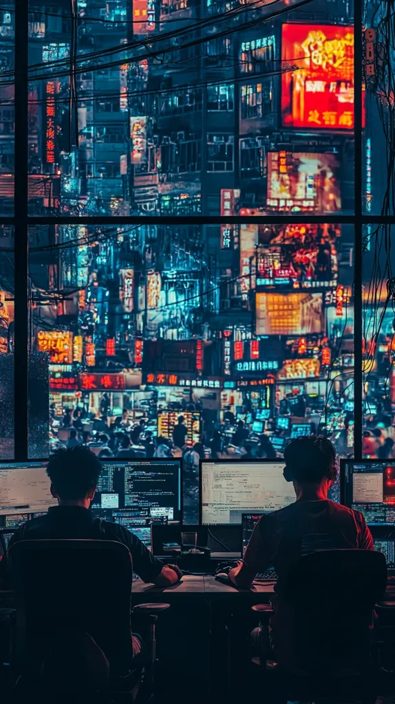 Two people sit in front of computer screens, their backs to the viewer.  A large window behind them shows a neon-lit cityscape at night, filled with bustling crowds and illuminated storefronts. The scene evokes a sense of anonymity and urban isolation, contrasting the vibrant energy of the city outside with the quiet focus of the people inside.  The image's composition and lighting enhance this sense of contrast and isolation.