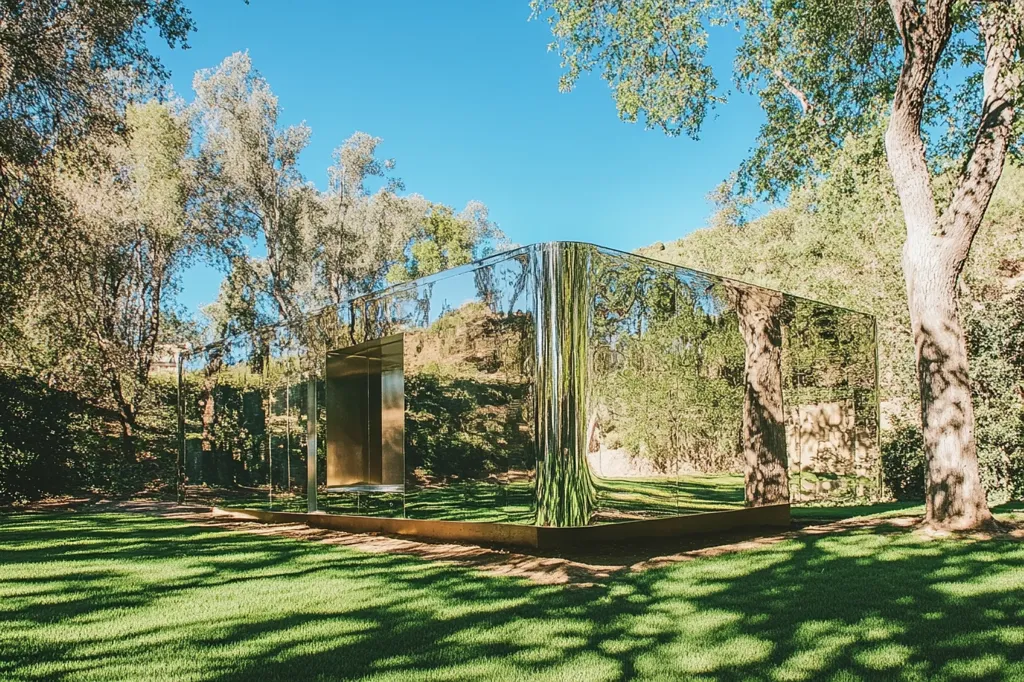 A mirrored building stands on a lush green lawn, surrounded by trees. The building reflects the surrounding landscape, creating a sense of depth and illusion. The sky is a bright blue, and the sunlight casts long shadows on the ground. The scene is tranquil and serene.