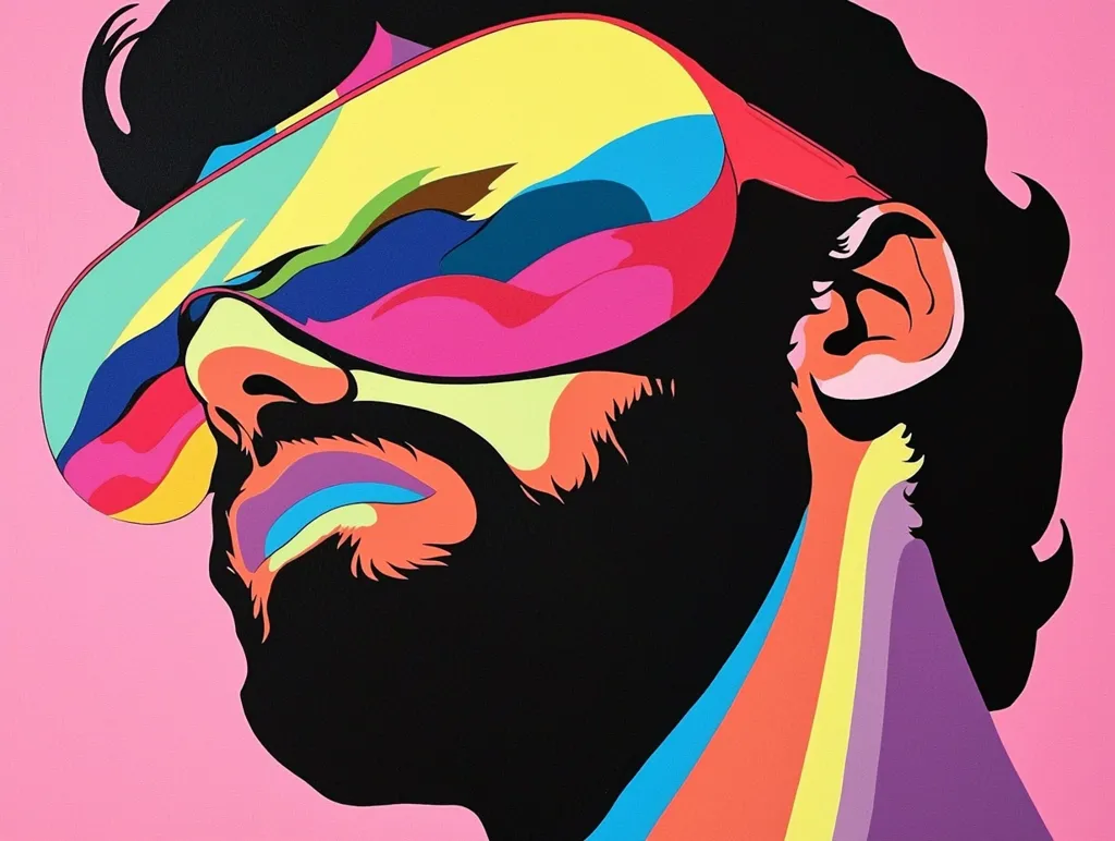 A man with a thick black beard and dark hair is wearing colorful, oversized sunglasses. The background is a bright pink, making the colorful sunglasses pop. The man’s face and neck are colored in a variety of bright hues, such as blue, yellow, and orange. The image has a vibrant, graphic style.