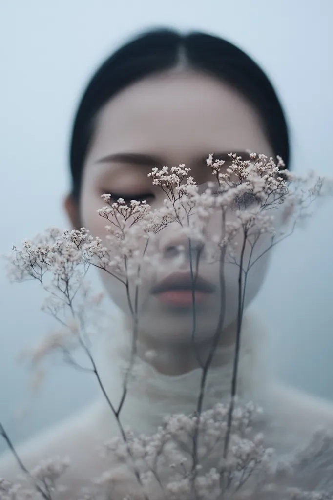 A woman with dark hair and pale skin is partially obscured by a bouquet of delicate white flowers. Her eyes are closed and her lips are slightly parted, suggesting a state of serenity or contemplation. The soft, ethereal lighting creates a dreamy atmosphere, enhancing the image's sense of tranquility.
