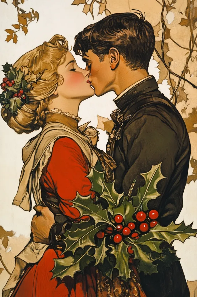 The image shows a man and a woman kissing. The woman is wearing a red dress with a white shawl, and the man is wearing a dark suit. They are surrounded by holly, which is a traditional Christmas symbol. The woman's hand is on the man's shoulder, and his arm is wrapped around her waist. Their eyes are closed, and they look very much in love. The image is painted in a realistic style and evokes a sense of romance and joy.  The light background emphasizes the intimacy of the scene.