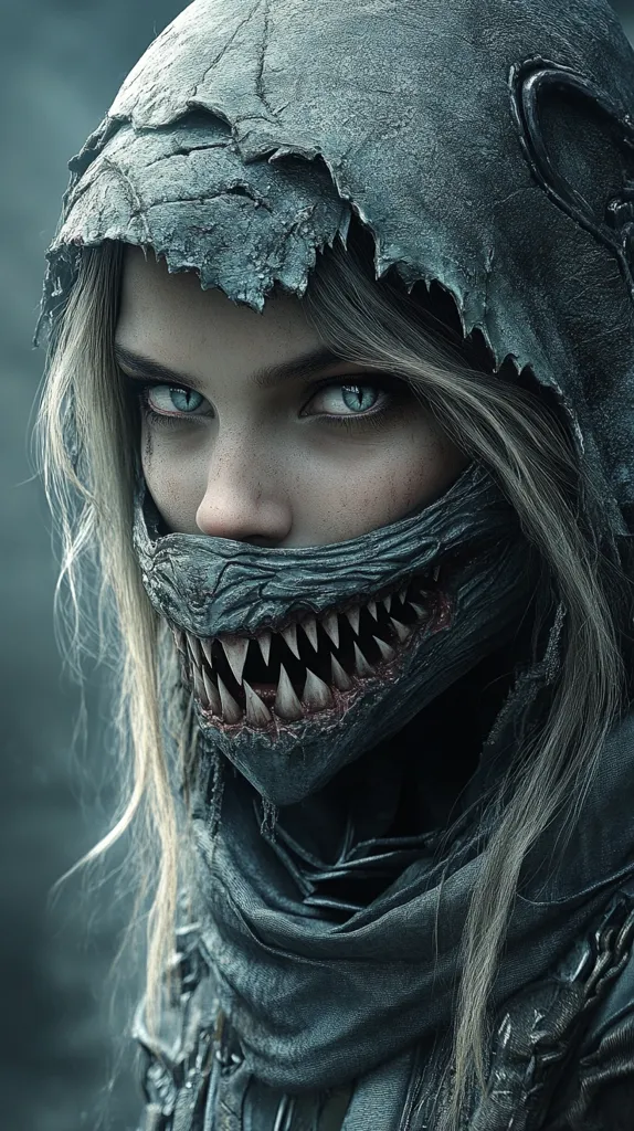 A woman with long, white hair is wearing a dark, textured hooded cloak and a mask with sharp teeth. Her intense, blue eyes are visible through the mask, and her face has a grim, determined expression. The image has a dark and mysterious atmosphere.