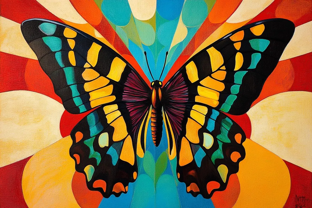 The painting features a large, colorful butterfly against a vibrant background. The butterfly has black wings with yellow, orange, and teal accents. Its body is a deep purple. The background consists of overlapping circles of orange, yellow, white, and turquoise, creating a sense of movement and depth. The painting is a celebration of color and nature, capturing the beauty and grace of a butterfly in a bold and abstract style.