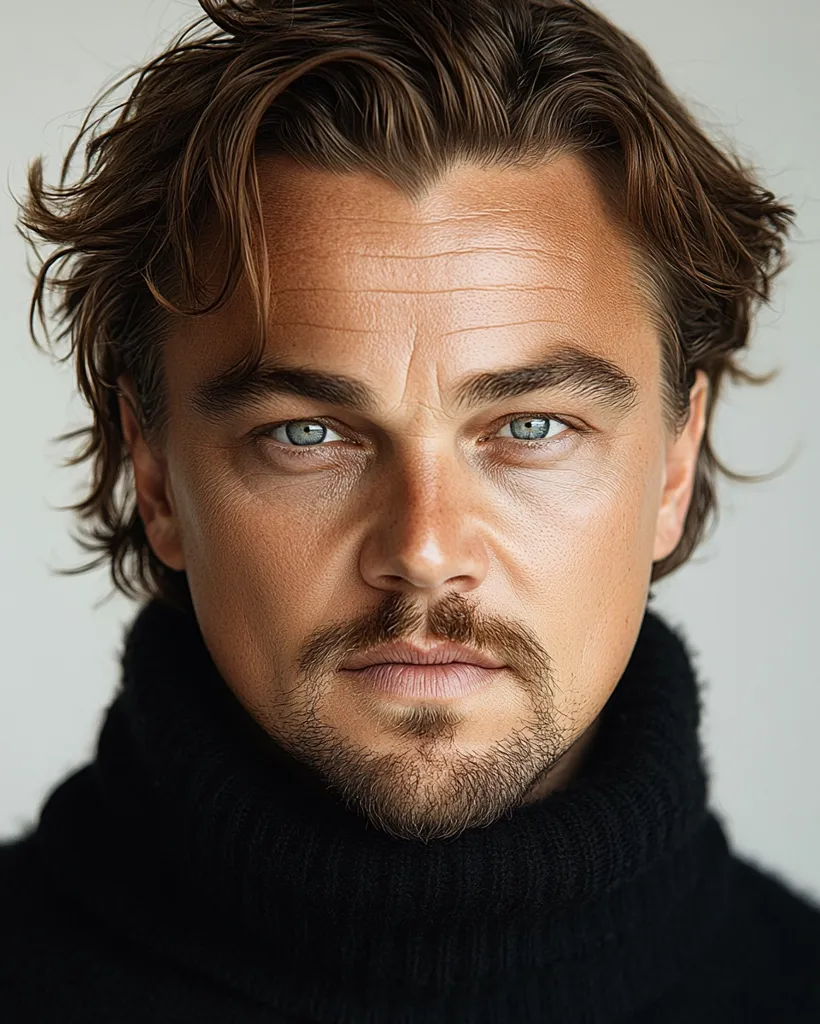 A close-up portrait of a man with brown hair, a light beard, and a slight mustache. He has light blue eyes and is wearing a black turtleneck sweater. He appears to be looking directly at the viewer with a serious expression. The background is a plain white.  The lighting is soft and diffused.  The image is likely a professional portrait.