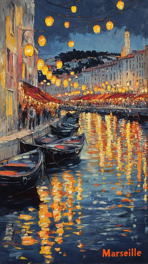 The painting depicts a picturesque scene of a canal in Marseille, France, at night. The canal is lined with buildings, and the water is illuminated by the reflections of numerous streetlights. The scene is bustling with activity, as people stroll along the banks and boats are moored in the water. The sky is a deep blue, and the air is filled with the scent of sea air. The painting is a celebration of the city's beauty and charm.