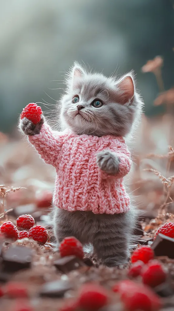 A cute, grey kitten wearing a pink knitted sweater stands amongst a bed of red raspberries. The kitten is looking up, seemingly curious about something out of frame. The image is warm and inviting, with a gentle focus on the kitten's playful expression.  The background is soft and out of focus, highlighting the subject.