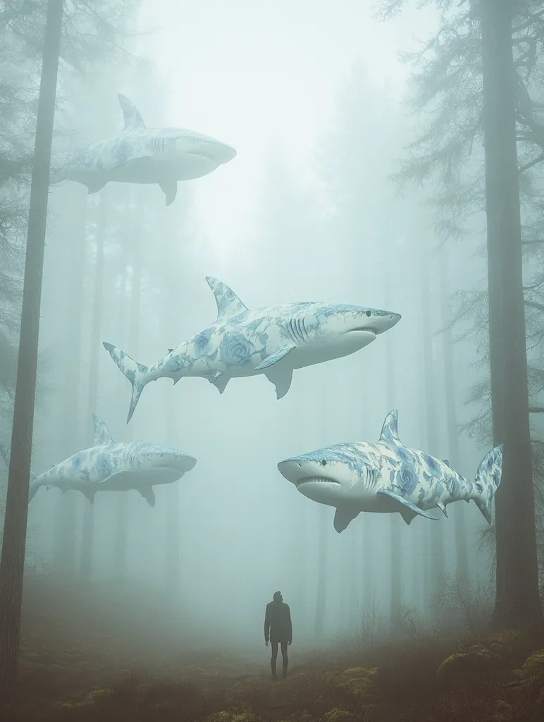 A lone figure stands in a dense, foggy forest. Above them, four large sharks with intricate floral patterns swim through the air. The scene is surreal and unsettling, blurring the boundaries between reality and fantasy. The sharks' presence in the unexpected setting adds a sense of danger and intrigue. The fog enhances the ethereal atmosphere, leaving the viewer with a feeling of mystery and unease.