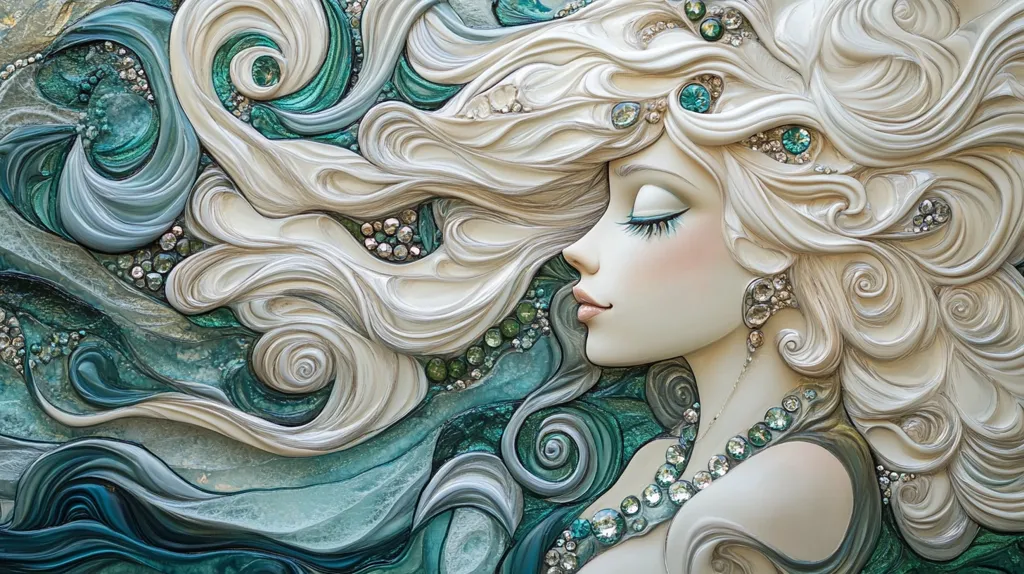 The image depicts a woman with long, flowing white hair. She is adorned with jewels and has her eyes closed. Her hair is styled in a way that resembles waves, creating a mesmerizing pattern. The background features a swirling blue and green design. The entire piece is crafted with intricate details, giving it a three-dimensional quality. The artwork evokes a sense of elegance, serenity, and the beauty of nature.