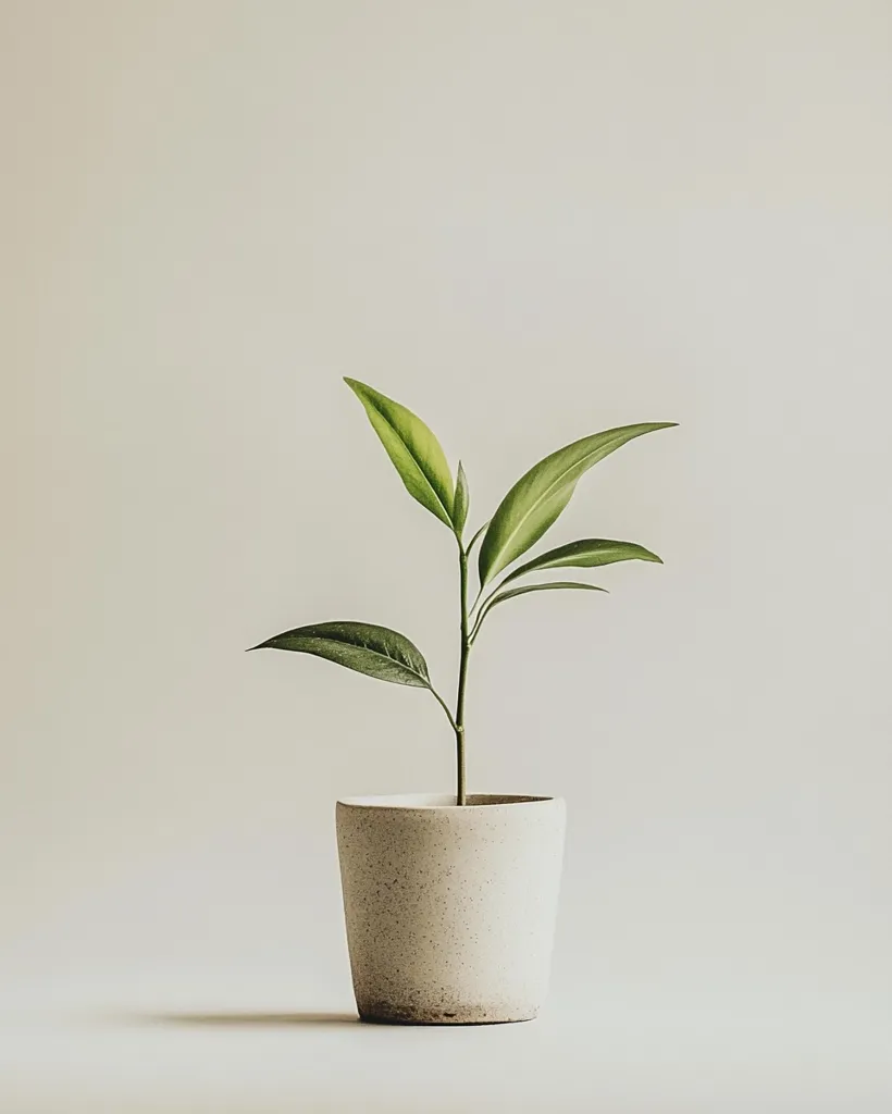 A single green plant with vibrant leaves grows in a plain white pot. The plant is positioned in the center of the frame against a simple, off-white background. The image evokes a sense of simplicity and natural beauty. The plant's delicate leaves stand out against the muted backdrop, creating a visually appealing contrast.  The focus on the plant highlights its growth and potential, symbolizing new beginnings and vitality.