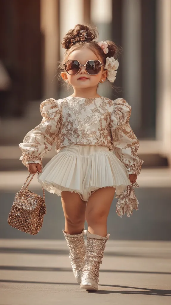 Chubby, adorable baby girl, wearing trendy and avant-garde clothing made of luxurious fabrics such as silk and sequins, puff-sleeve top with intricate lace and ruffles, high-waisted shorts or pleated skirt with metallic or bold floral patterns, oversized fashionable sunglasses, cute hair accessories with pearls or rhinestones, mini designer handbag, confidently walking on a modern outdoor runway, full body shot, baby-like plump physique, young age (around 2 years old), highly detailed, vibrant colors, realistic, fashion magazine style, professional lighting --ar 9:16