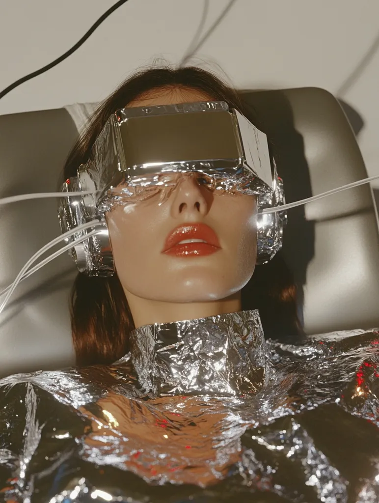 A woman with long brown hair lies in a silver chair, wearing a silver, foil-like garment. Her eyes are closed, and she wears a silver visor with wires attached to it. The image has a futuristic, sci-fi aesthetic.