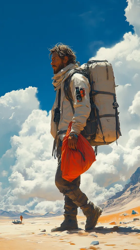 A man with a large backpack walks through a desert landscape under a bright blue sky with white clouds. He is wearing a white jacket and brown pants. The man looks to his left as he walks. In the distance, a small figure walks towards a group of vehicles.  The desert sand is light brown and the landscape is mostly flat.