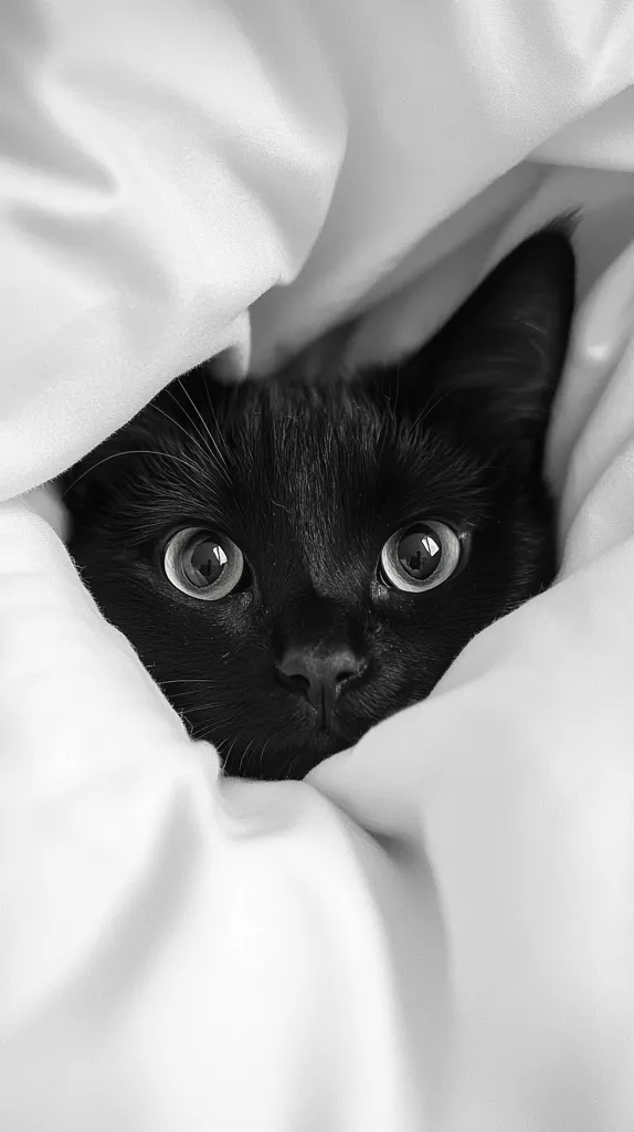 A black cat with piercing green eyes peeks out from under a white blanket, its sleek fur contrasting sharply with the soft fabric. The cat's face is mostly obscured, leaving only its mesmerizing gaze and the faint outline of its body visible. The image captures a moment of feline curiosity and a touch of mystery.