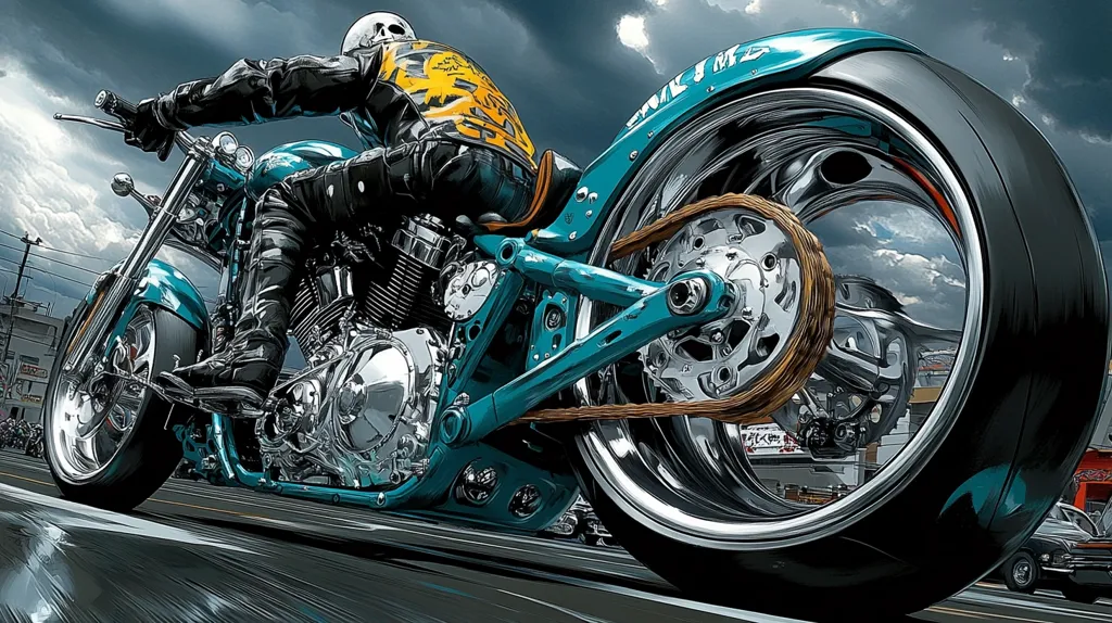 A teal and chrome motorcycle speeds down a street with a biker in a black leather jacket and skull helmet.  The motorcycle has a large, gleaming back wheel, which reflects the cloudy sky above.  The image is a digital illustration with a strong sense of speed and motion.