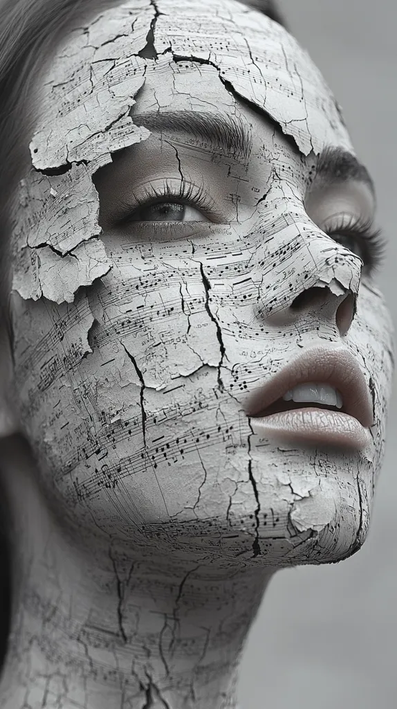 A woman's face is covered in cracked, peeling skin that resembles sheet music. The cracks are deep and prominent, revealing the underlying paper.  Her eyes are partially obscured by the cracks, and her lips are slightly parted. The image creates a sense of fragility and decay, with the music representing the fleeting nature of life. The black and white tones enhance the dramatic effect.