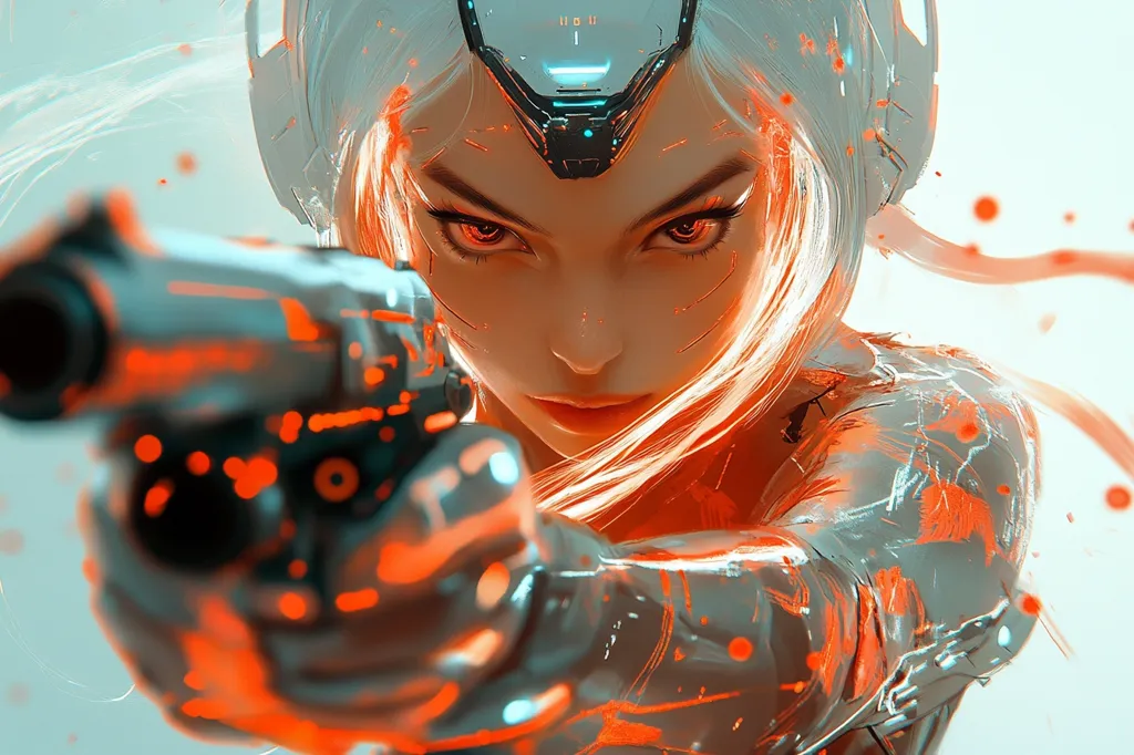 A woman with long, flowing white hair and a futuristic helmet stares intently at the viewer. She holds a gun at arm's length, her red eyes focused and determined. Her skin is adorned with orange and silver markings, creating a striking contrast. The background is a blur of light blue and white, enhancing the sense of urgency and danger.