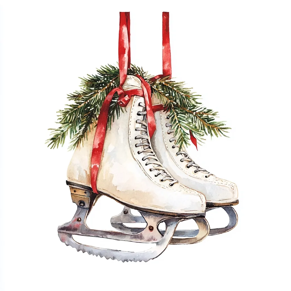 A pair of white ice skates are tied together with a red ribbon and adorned with a sprig of evergreen. The skates have metal blades and are painted in a watercolor style. They are isolated against a white background.