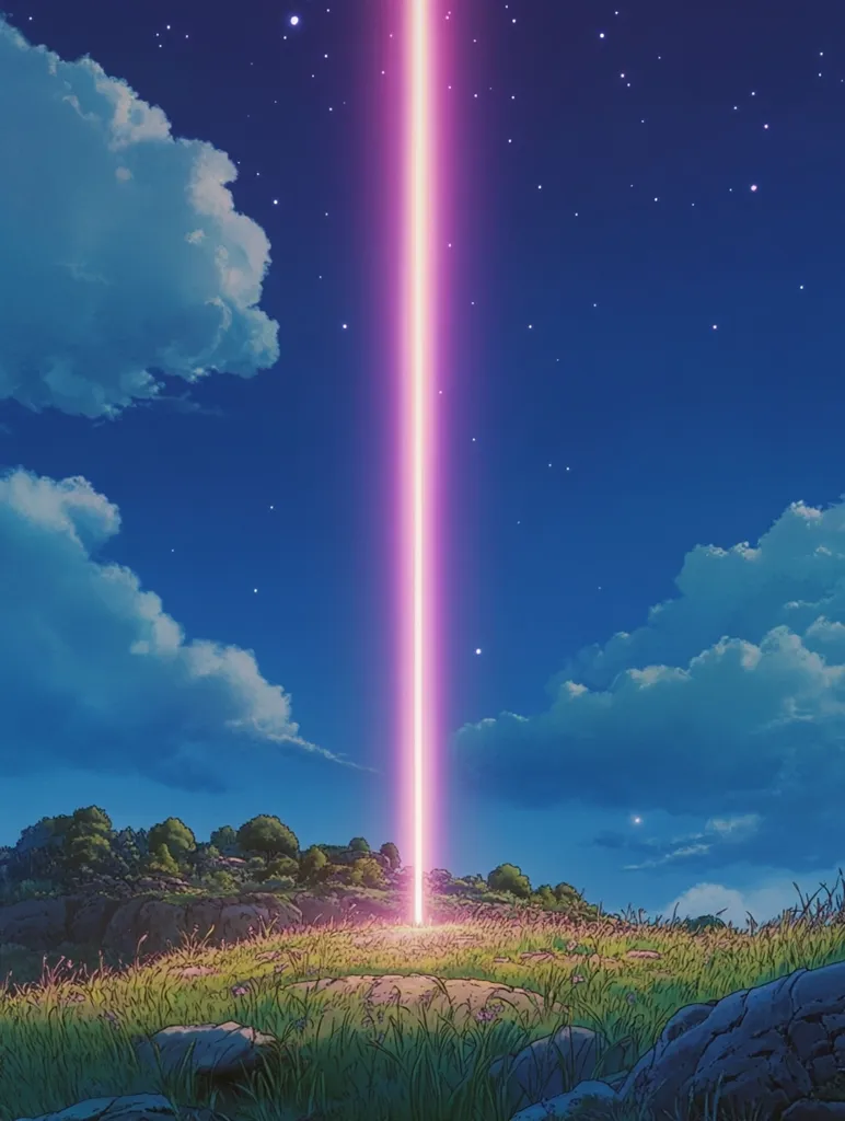 A bright pink beam of light shoots up from a grassy field into a twilight sky. It is a still night, and the beam cuts through the darkness, reaching into the clouds. There are stars twinkling in the night sky and faint wispy clouds in the distance.  The image gives the impression of a mystical or magical event.