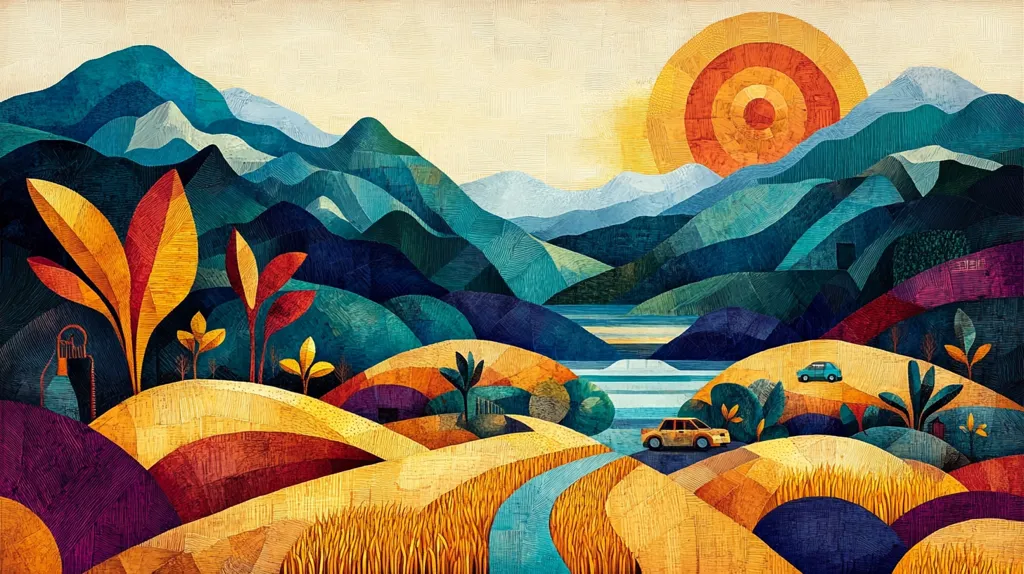 A stylized landscape painting depicts a winding road leading through rolling hills towards a large body of water. The sun is setting in the distance, casting warm light on the mountains and fields. The image is rendered in a geometric style, with bold colors and textures. Two small cars drive along the road, adding a sense of scale and movement to the scene.