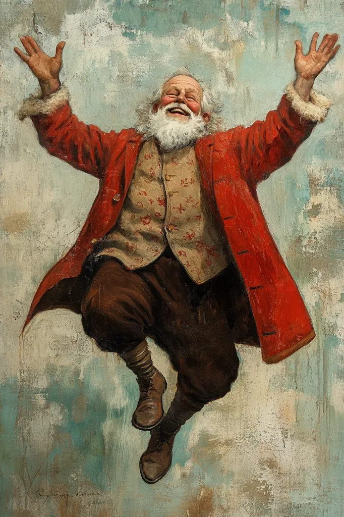 A jolly Santa Claus with a long white beard is depicted in a painting. He wears a red coat with a patterned waistcoat and is jumping in the air with his arms outstretched. He is smiling and laughing, seemingly enjoying the joy of the holiday season. The background features a muted, textured sky. The painting captures the festive spirit of Christmas.