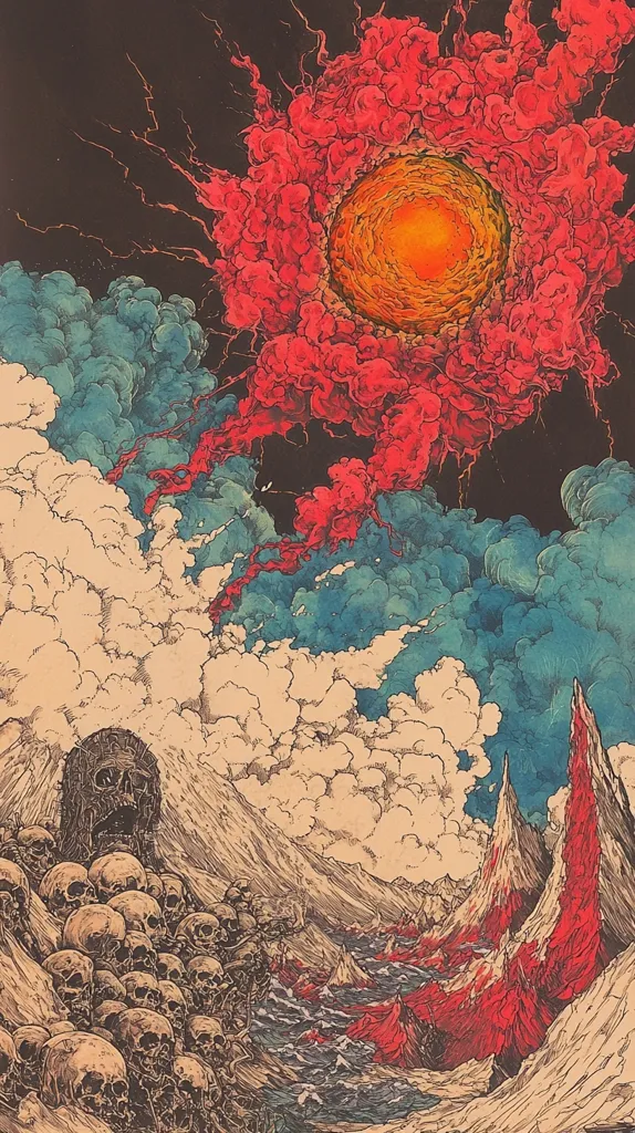 The image depicts a surreal landscape with a fiery red sky. In the foreground, a mountain range rises from a sea of skulls, while a large skull with an open jaw sits on the left. The sky is dominated by a massive red cloud, with a bright orange orb emanating from its center. The image suggests a scene of destruction and chaos, with the fiery sky and skull-filled sea evoking a sense of apocalyptic imagery.
