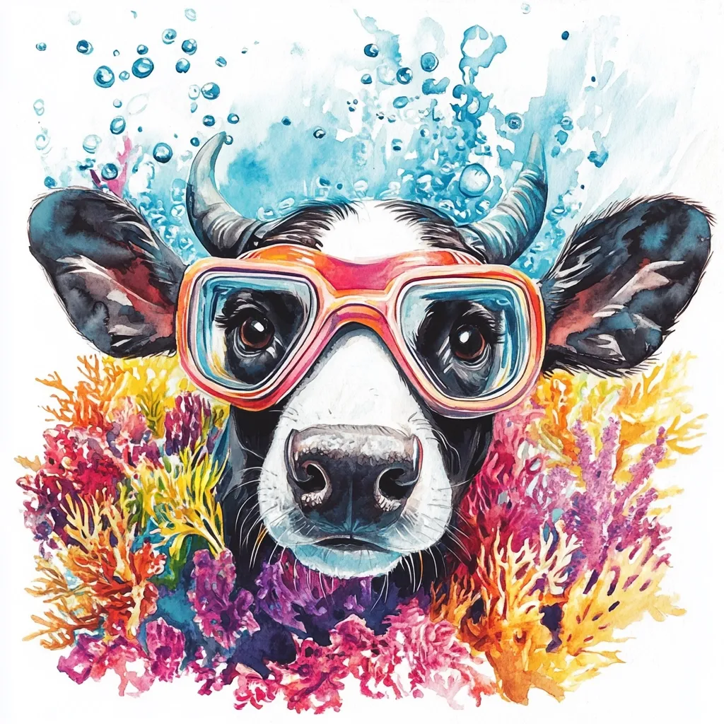 The image is a watercolor painting of a cow wearing scuba goggles and surrounded by colorful coral. The cow has a black and white face with large, dark eyes. It's looking straight at the viewer, and the water splashing behind its head makes it look like it's just surfaced from a dive. The coral around the cow is a vibrant mix of reds, oranges, yellows, and pinks, adding a pop of color to the overall composition. The image creates a playful and whimsical mood, suggesting a sense of underwater adventure.