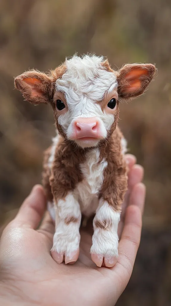 A tiny, fluffy calf with brown and white patches sits in the palm of a person's hand. Its large, dark eyes and pink nose are visible, giving it an innocent and adorable appearance. The calf's soft fur and delicate hooves create a sense of tenderness. The background is a blur of brown and green, highlighting the calf as the focal point of the image.