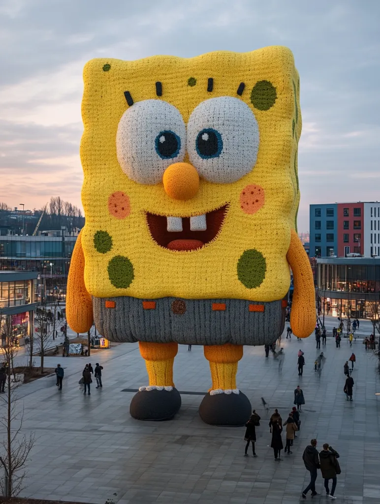 A giant, knitted Spongebob Squarepants sculpture stands in the middle of a plaza. The sculpture is yellow and brown, with a big, toothy smile. The sculpture is so large that people look like ants walking around it.  The sculpture is made of hundreds of thousands of flowers and is very detailed. There are people walking around the sculpture, taking photos and admiring it.  The background shows other buildings. The sky is a soft orange and pink, giving the image a whimsical feel.