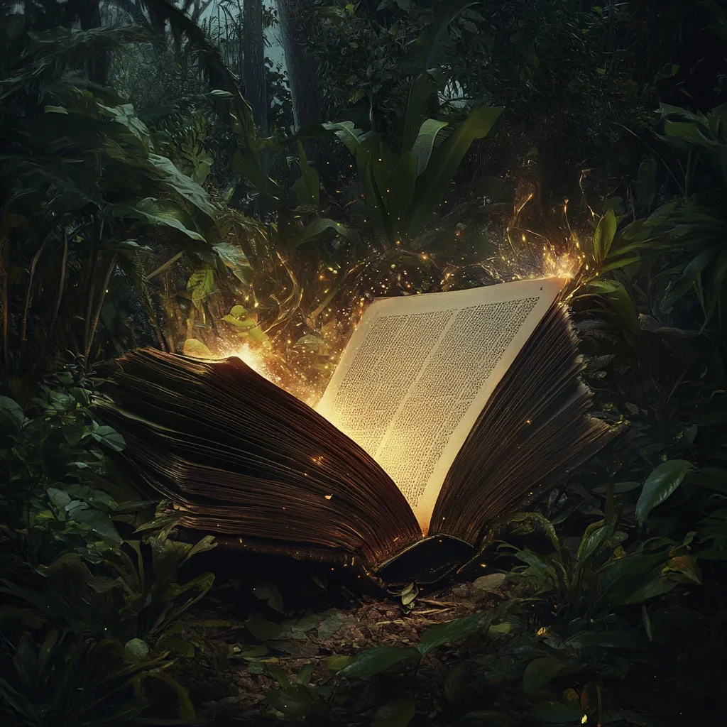 An open, ancient book lies in a lush, dark forest, its pages aglow with a mystical golden light. The book is surrounded by dense foliage, hinting at a hidden world. The magical glow emanates from the open pages, creating an atmosphere of enchantment and mystery.