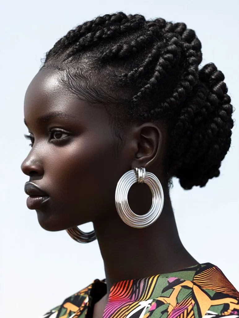 A Black woman with dark, braided hair and large silver hoop earrings looks to the side, her face illuminated by sunlight. She wears a colorful, patterned shirt. The background is a hazy blue.  The image captures a moment of quiet strength and beauty.