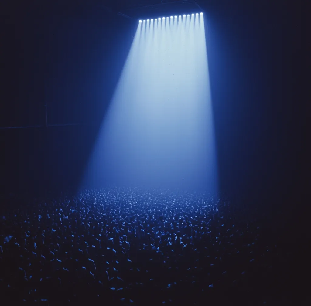 A large crowd of people are gathered in a dark, dimly lit space. A single spotlight shines down from the ceiling, illuminating the crowd in a bright blue light. The rest of the space is shrouded in darkness, creating a sense of mystery and anticipation.  The image evokes feelings of excitement, unity, and a sense of shared experience.