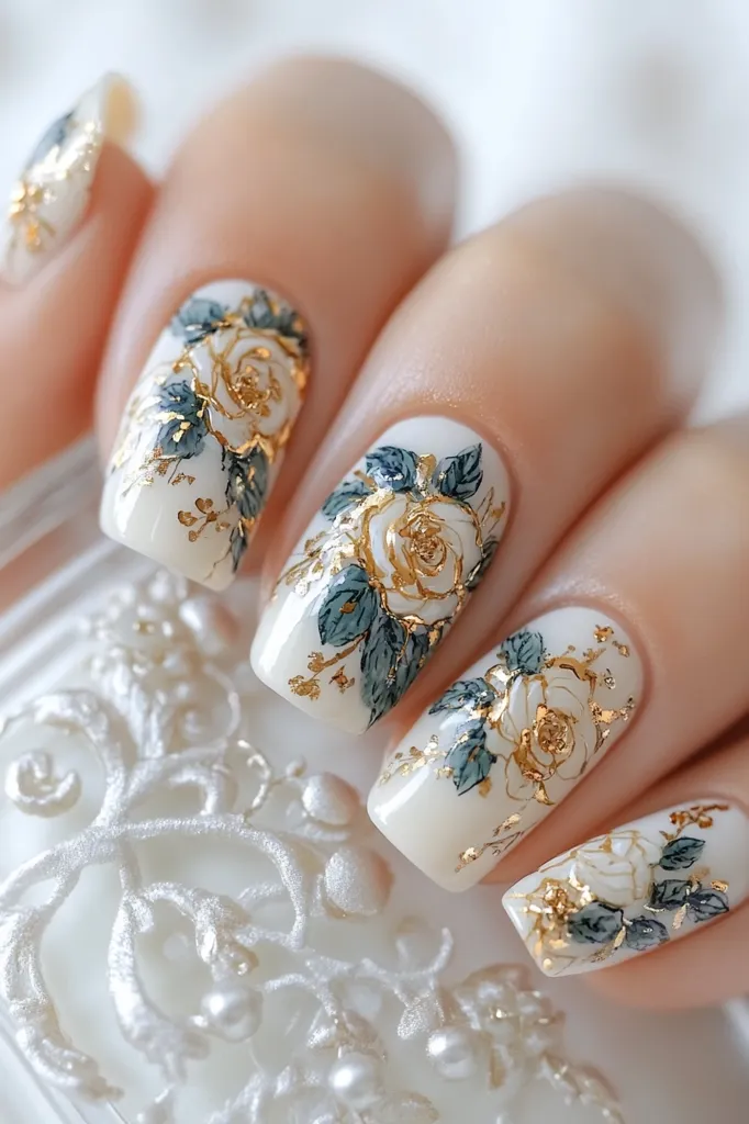 A close-up shot of a hand with several fingernails adorned with intricate nail art. Each nail features a delicate design of white roses with gold accents and green leaves, creating a sophisticated and elegant look. The nails are set against a white background, enhancing the beauty of the intricate designs.