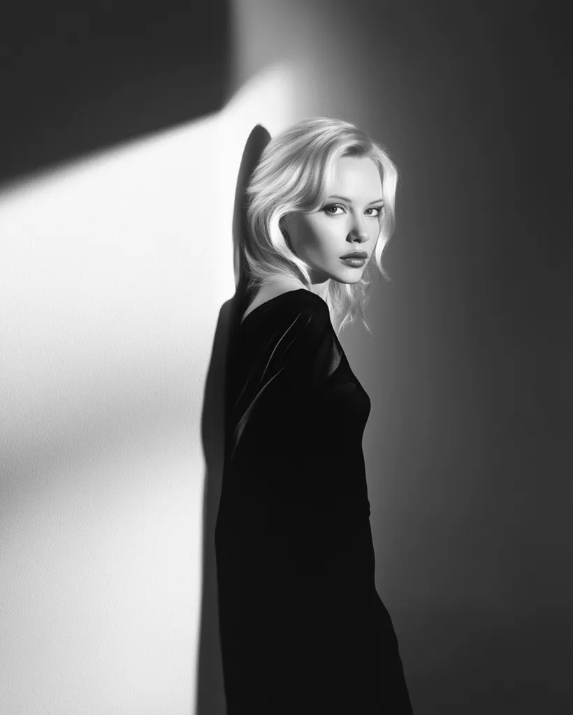 A woman with blonde hair stands against a white wall, her body silhouetted in a black dress. Her expression is serious, her eyes gazing directly at the camera. The image is captured in black and white, emphasizing the stark contrast between light and shadow. The lighting creates a dramatic effect, highlighting her features and the lines of her dress.  The overall mood of the image is mysterious and intriguing.
