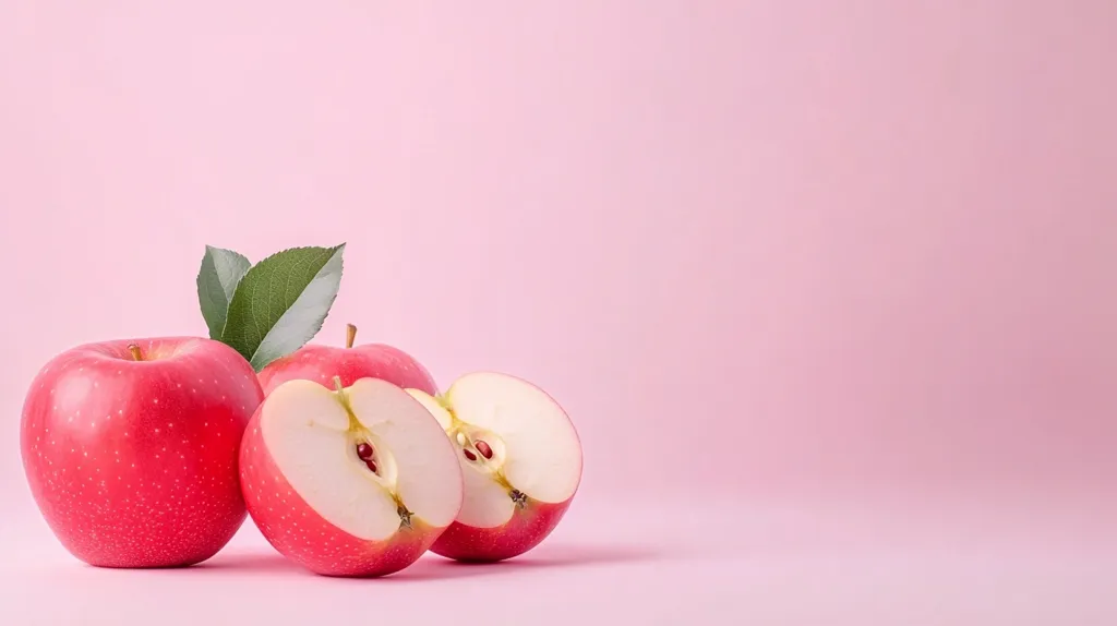 Three red apples, one whole and two halves, are arranged on a light pink surface.  The apples are in focus, while the background is soft and out of focus. A single green leaf is attached to the whole apple.  The image has a clean and minimalist aesthetic.  The apples and the pink background create a pleasing visual harmony.