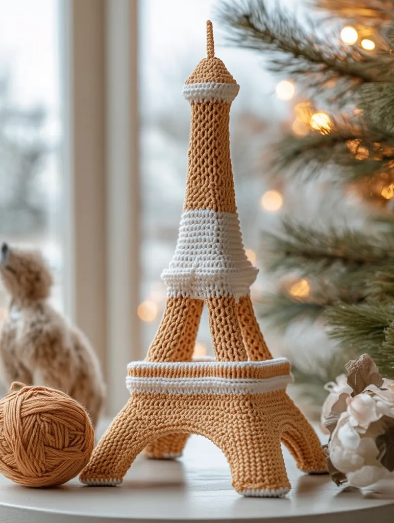 A crocheted model of the Eiffel Tower stands on a white table in front of a blurry background of a window and a decorated Christmas tree. The tower is crafted with a light brown yarn, accented with white yarn for the details. A ball of yarn is beside the Eiffel Tower, suggesting it was handmade.  The soft lighting and gentle colors create a cozy, whimsical scene.