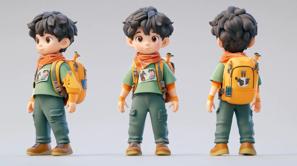 The image shows a 3D rendering of a young boy with a backpack. He is wearing a green shirt, khaki pants, a red scarf, and brown hiking boots. The boy is shown from three different angles. His backpack is yellow with a cartoon cow patch on it.  The boy looks cheerful and ready for an adventure.  The rendering is very realistic and detailed.