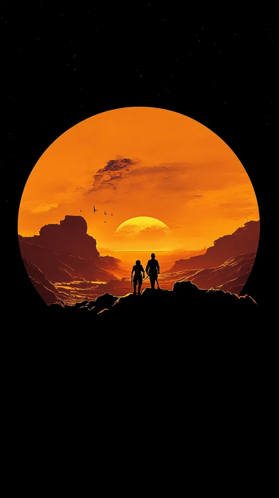 Two figures stand silhouetted against an orange sunset, looking out at a vast, barren landscape. The sky is filled with a fiery orange glow, and the sun is setting in the distance. The figures are small in comparison to the immense scale of the landscape, making them seem insignificant and vulnerable.  A few small birds fly across the sky. The image evokes a sense of loneliness and isolation.