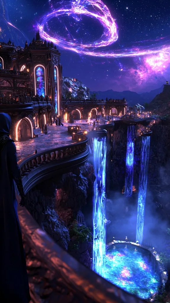 The image depicts a magical fantasy scene with a towering, ancient castle overlooking a cliff.  Three waterfalls cascade into a luminous blue pool at the bottom of the cliff, while a swirling portal of purple light glows in the night sky above. The scene is illuminated by a warm, golden light emanating from the castle, casting a mystical glow on the surrounding landscape. A lone figure, shrouded in darkness, observes the scene from a high balcony, adding a sense of mystery and wonder to the image.